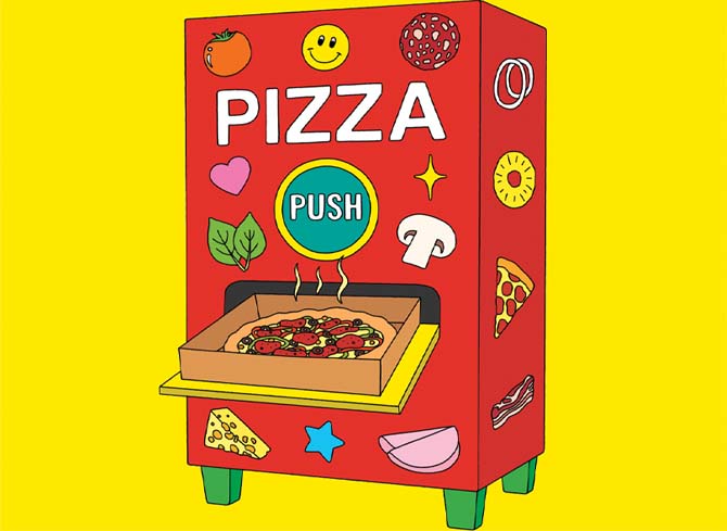 Enlargeable illustration of a red machine popping out a hot pizza pie