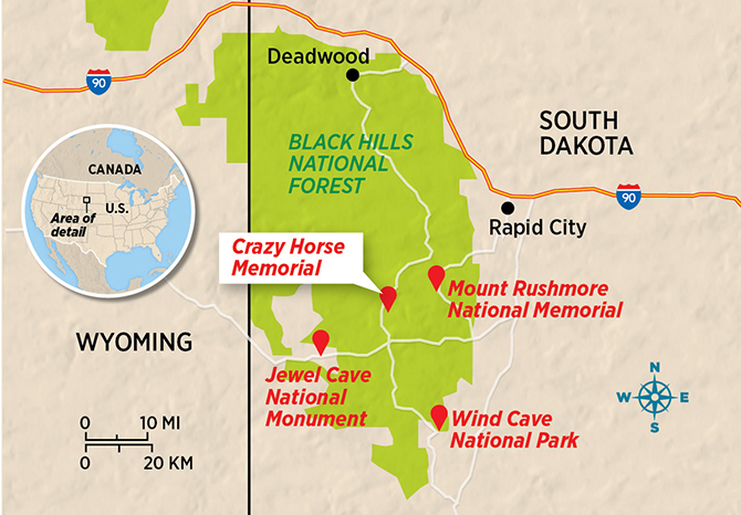 Enlargeable map showing the location of the Crazy Horse Memorial in South Dakota