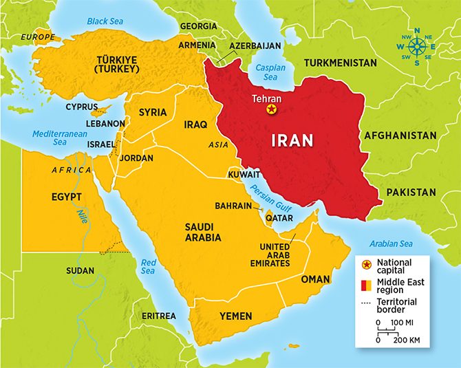 Enlargeable map showing Iran, its capital, and the countries belonging to the Middle East region