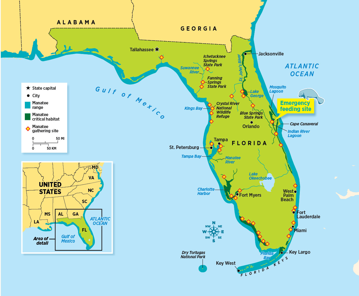 Map of Florida showing the manatee range and habitat locations