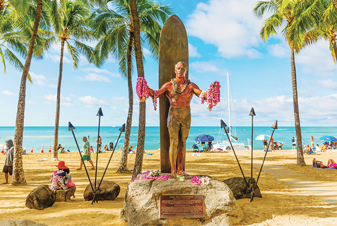 Enlargeable photo of a state of Duke Kahanamoku located at a beach