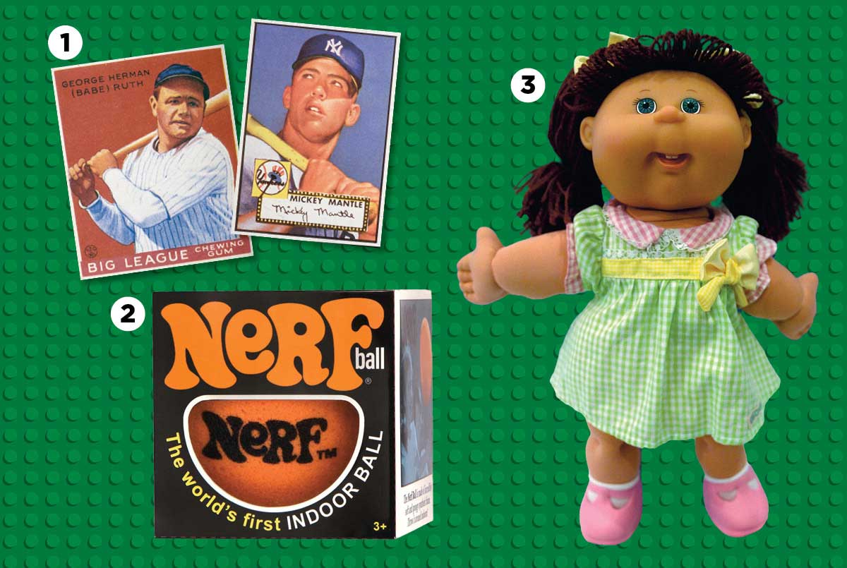 Image of two baseball cards, a nerf ball, and cabbage patch doll