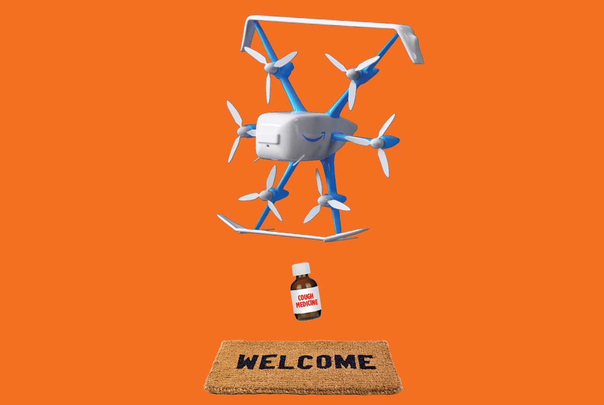 Image of a drone dropping off an item onto a welcome mat