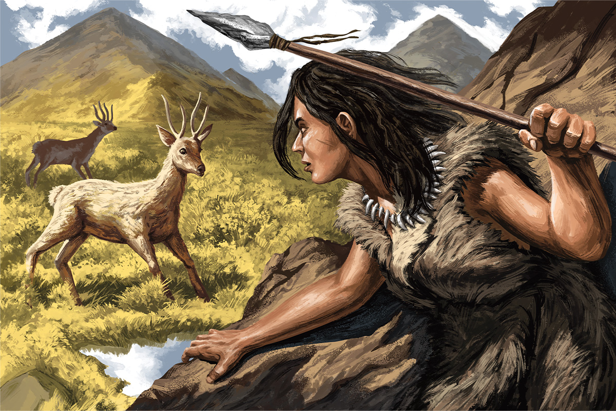 Image of an ancient hunter chasing down animals with a weapon