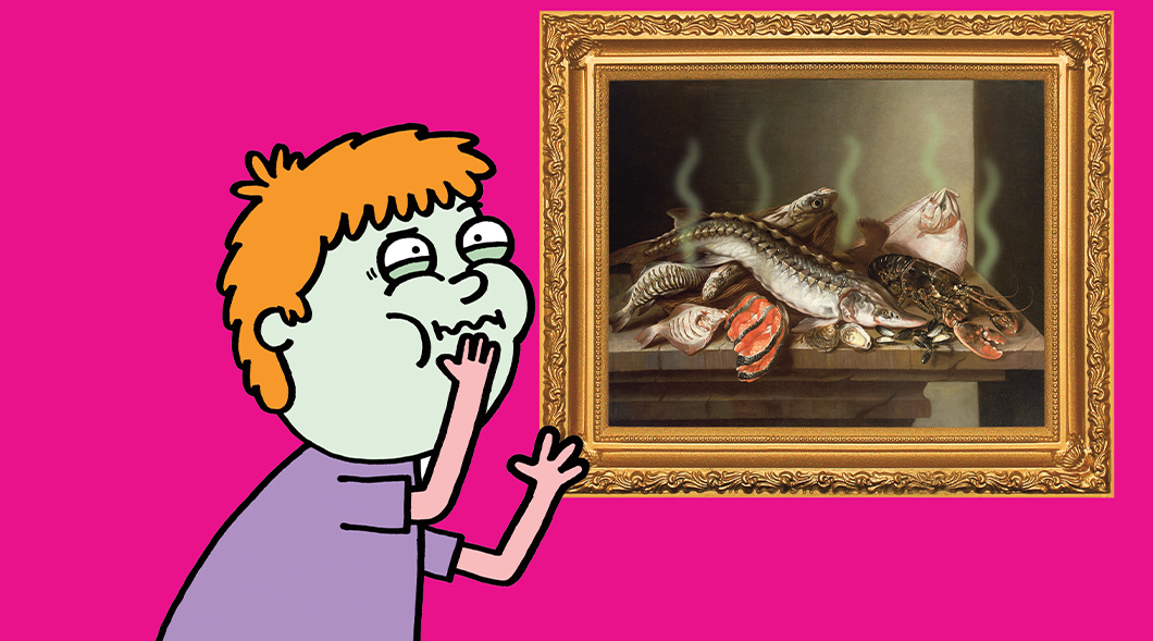 Illustration of a person viewing a painting of smelly, dead fish and about to puke