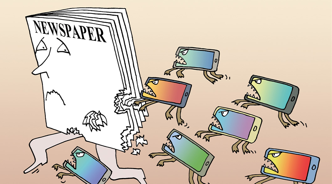 Illustration of rabid cellphones attacking a Newspaper