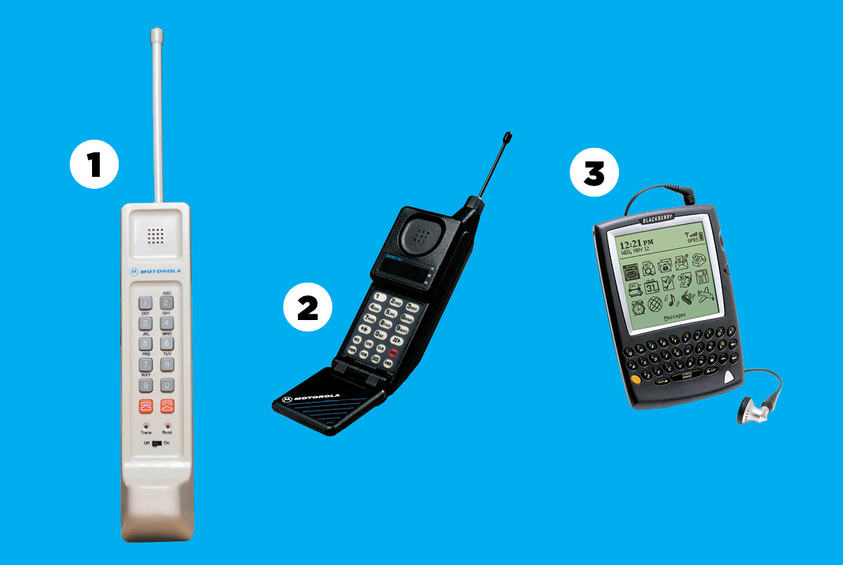 Image of three different types of old cell phones