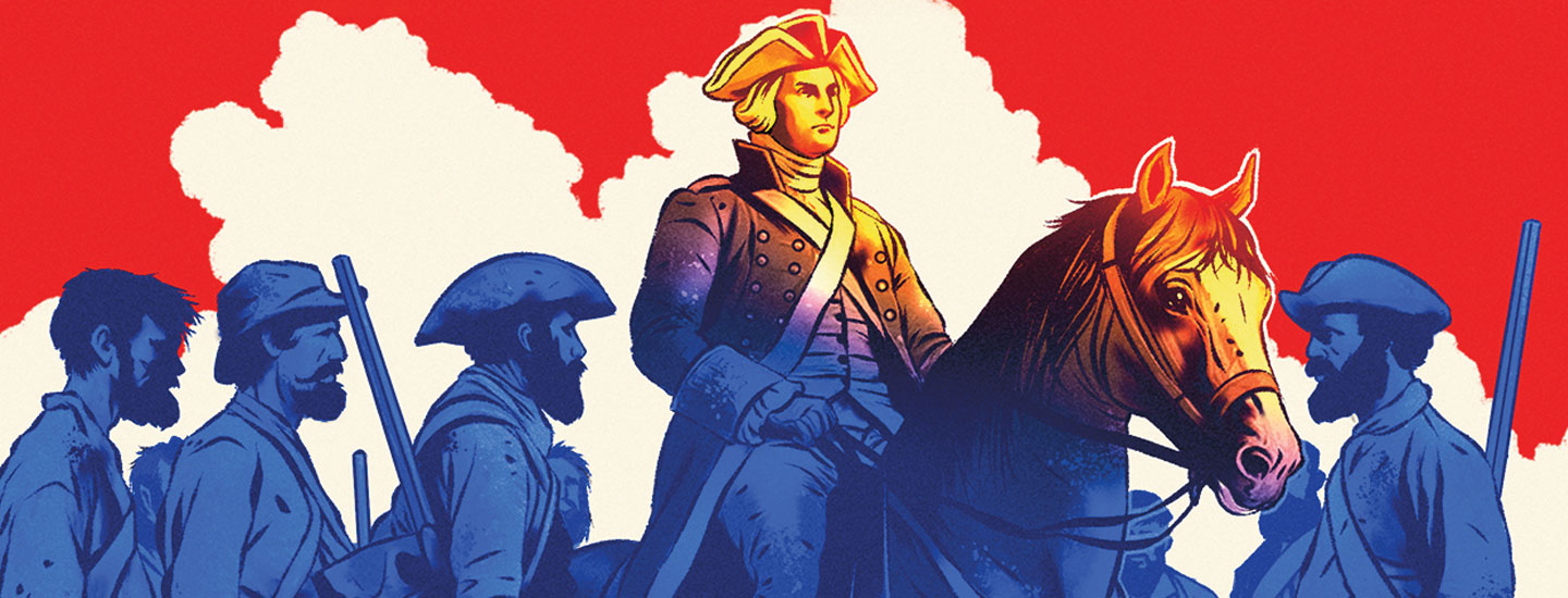 Illustration of George Washington on horseback along with his other fellow soldiers