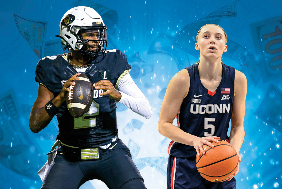 Image of a football college athlete and a basketball college athlete