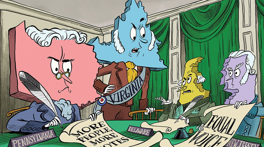 Cartoon of state characters labeled Pennsylvania, Virginia, Delaware, and New Jersey debate voting representation at a table