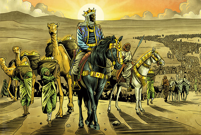 Mansa Musa riding in the desert with his people