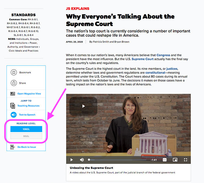 junior scholastic article page with the reading level tabs circled