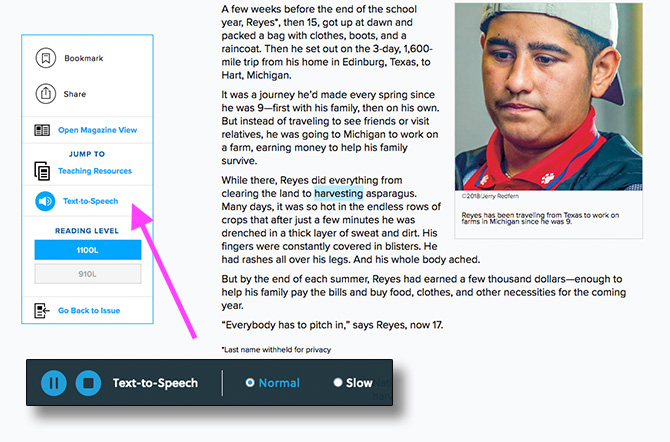 junior scholastic article page with an arrow pointing to the text to speech button
