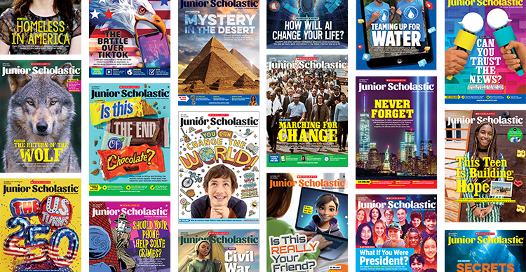 Collage of Junior Scholastic magazine covers featuring news, science, and social studies topics